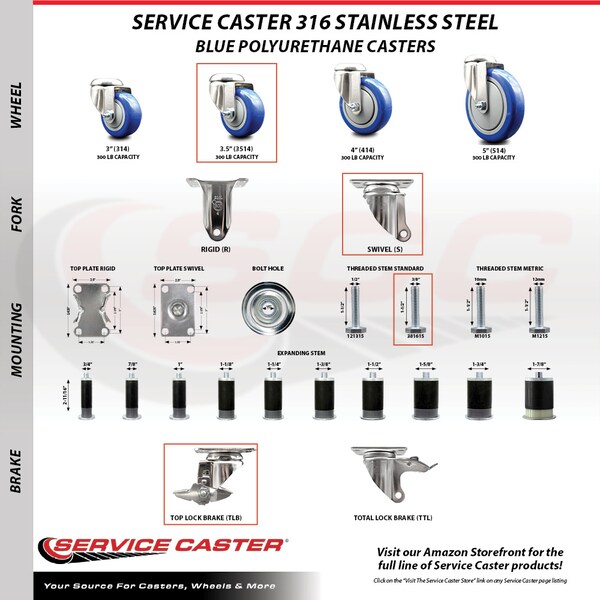 Service Caster 3.5 Inch 316SS Blue Polyurethane Swivel 3/8 Inch Threaded Stem Caster Set Brake SS316TS20S3514-PPUBBLUE-TLB-381615-4 - main